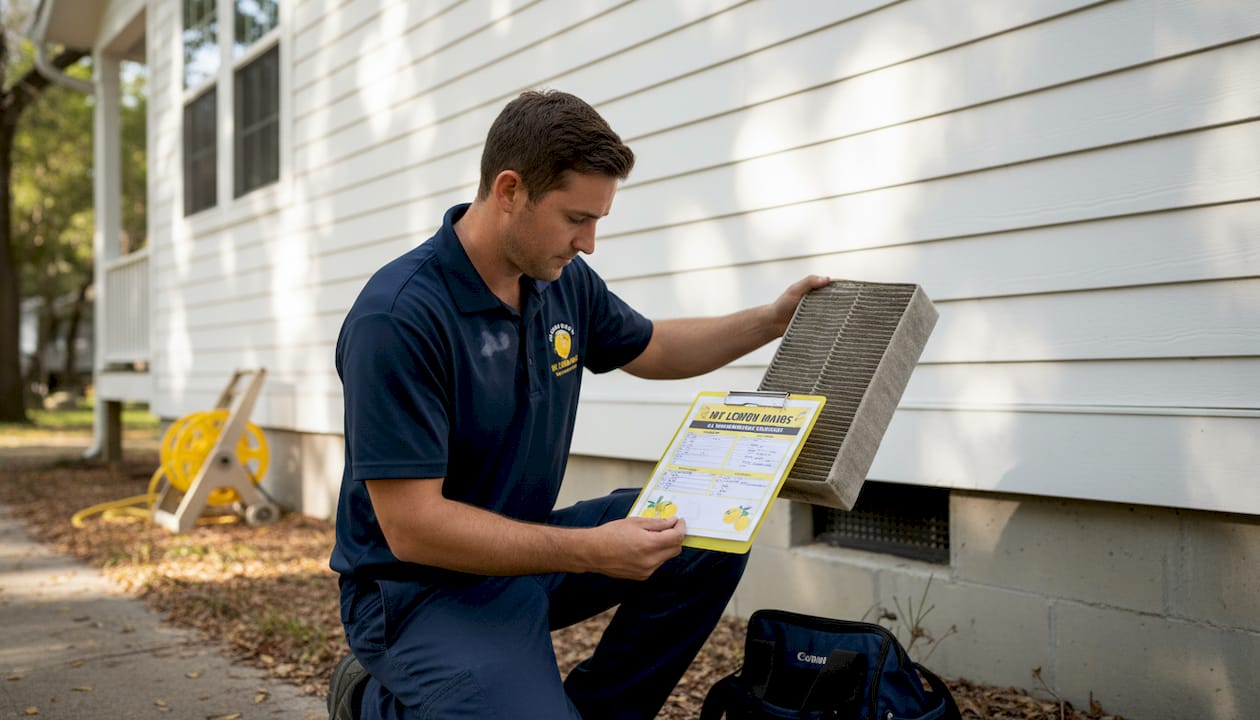 Technician replacing AC filter outside rental