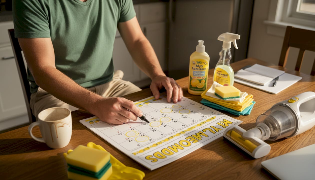 Man structuring home cleaning schedule