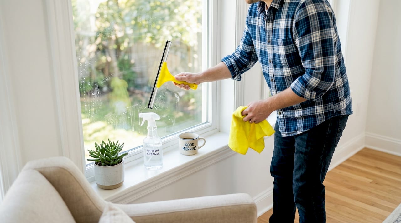 Homeowner cleaning window with quality tools