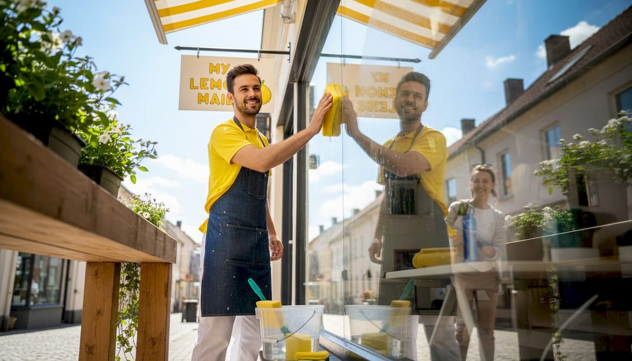 Professional cleans storefront window on main street