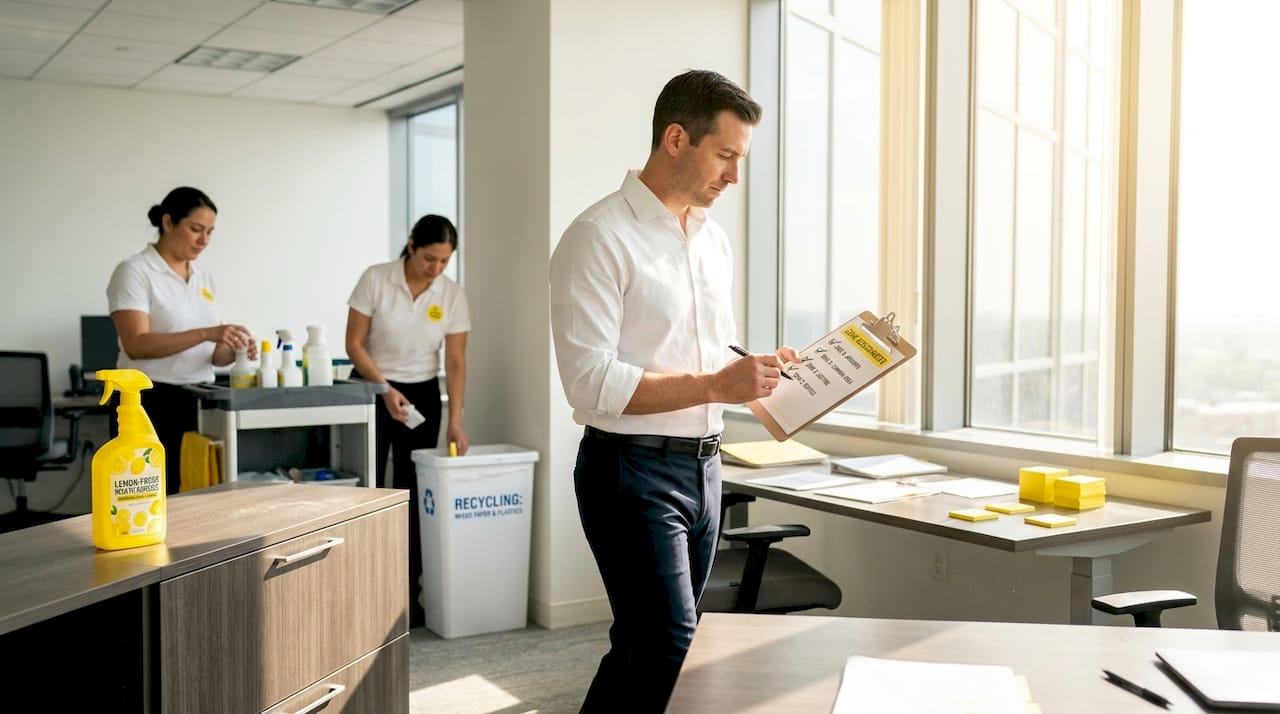 Facility manager reviews checklist in real office