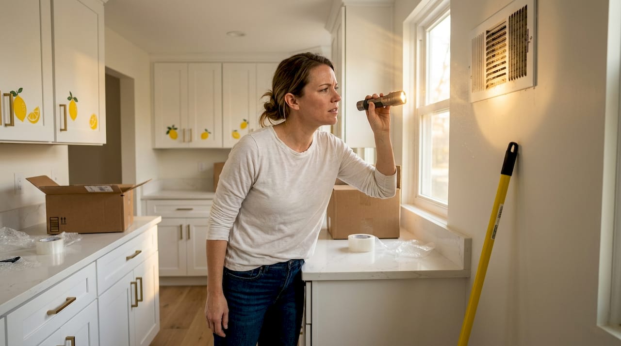 Homeowner inspecting dusty kitchen air vent