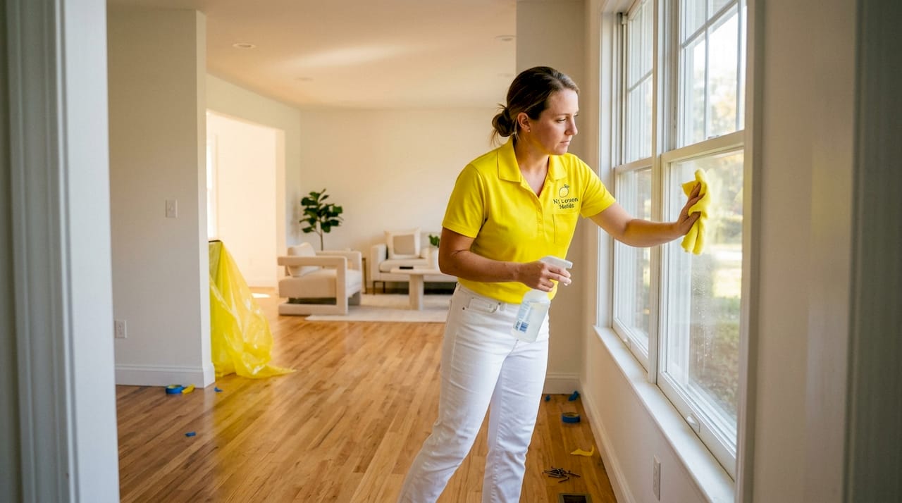 Cleaner wiping window in freshly renovated living room