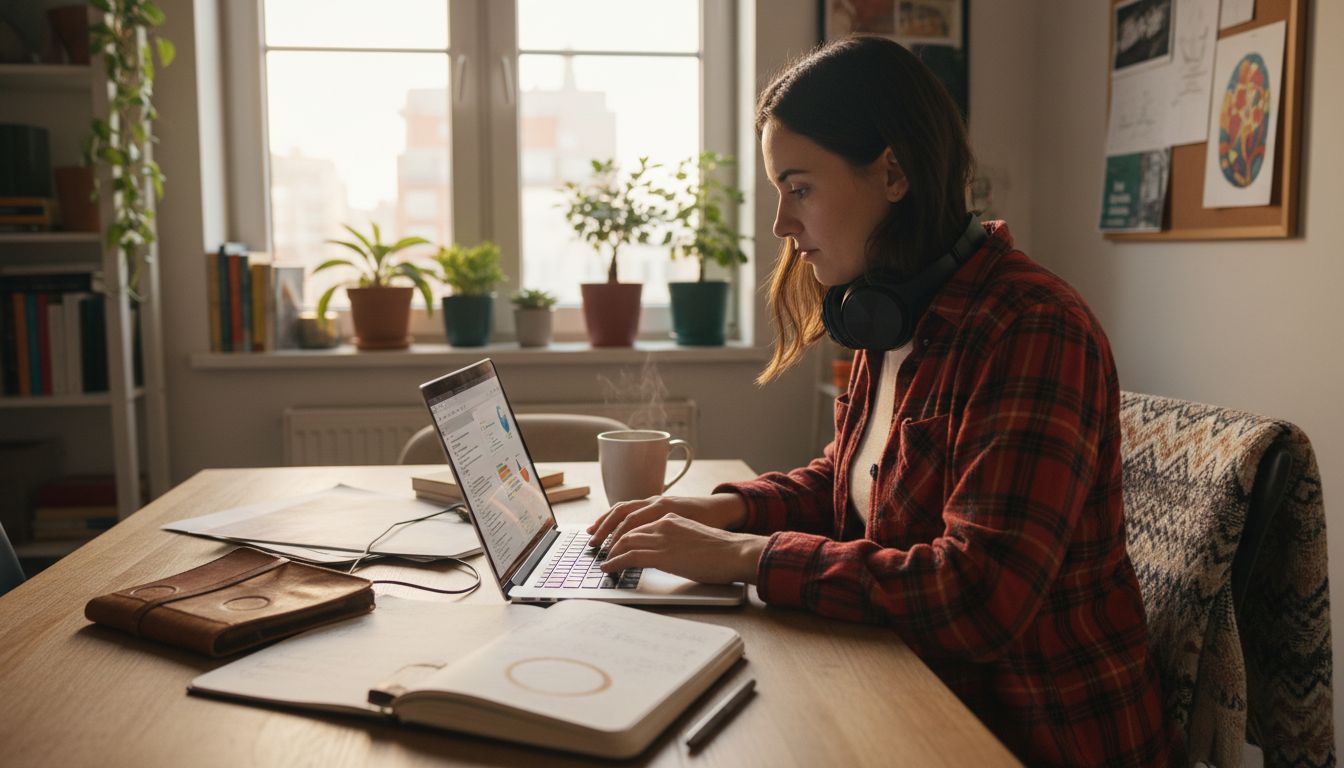 Woman studies data science at home table
