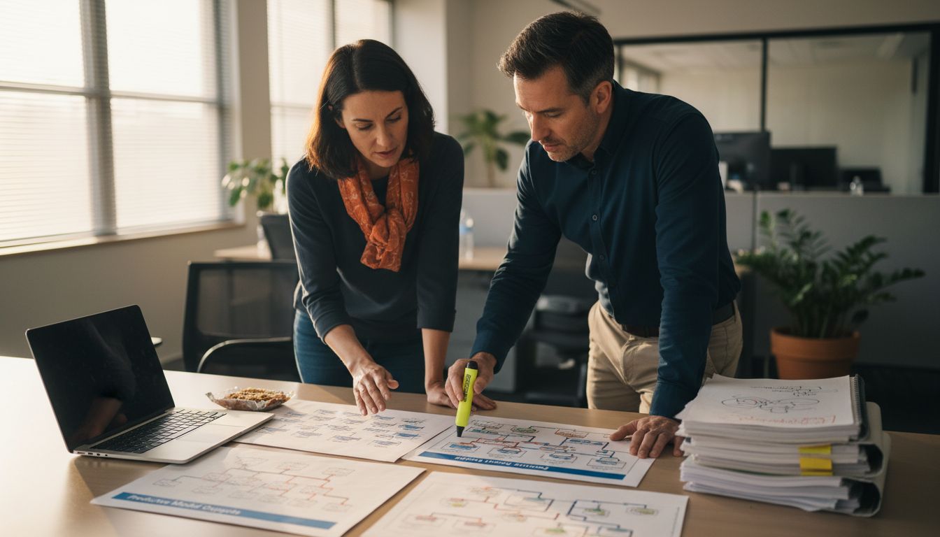 Team reviewing predictive model printouts