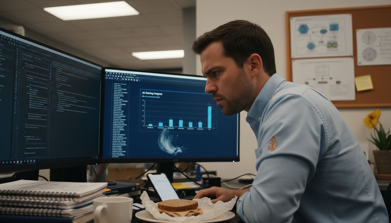 Engineer programming AI model at desk