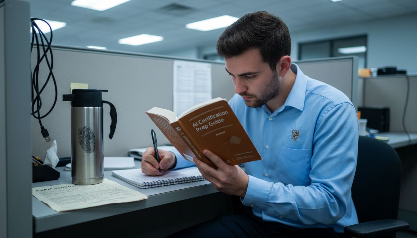 AI certification candidate studies at desk