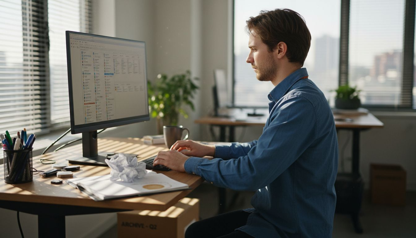 Data analyst organizes files at desk
