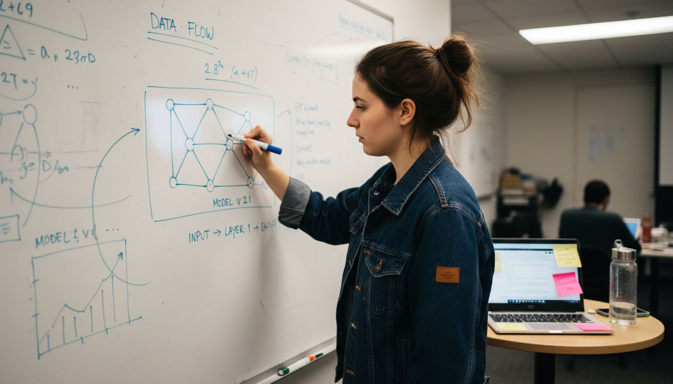 Data scientist drawing neural networks diagram