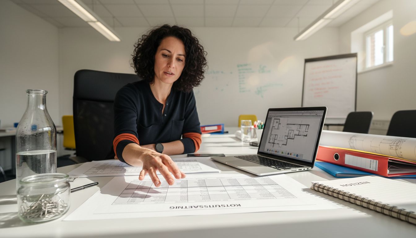 Der Architekt erläutert die Aufschlüsselung der Projektkosten und geht dabei auf die einzelnen Posten sowie mögliche Einsparpotenziale ein.