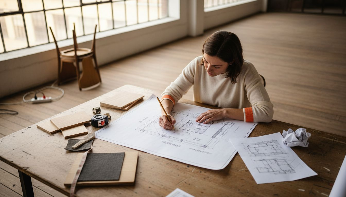 Eine Architektin sitzt an ihrem Schreibtisch und arbeitet an einem Entwurf.