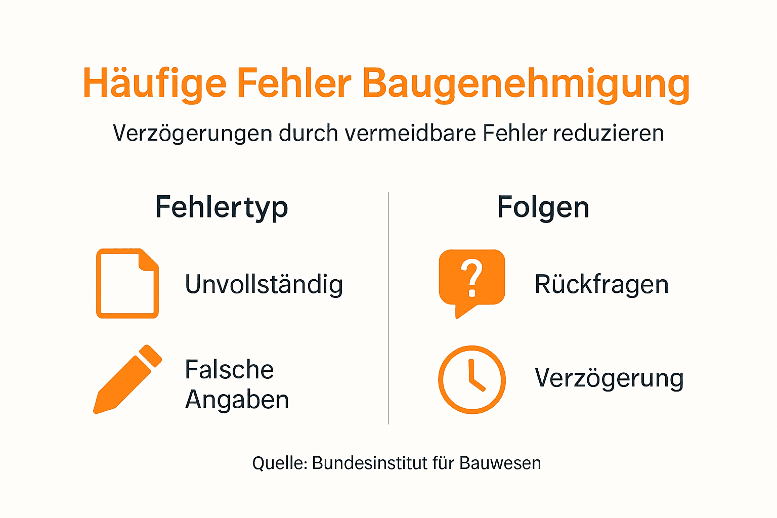 Eine anschauliche Grafik veranschaulicht typische Fehler bei der Beantragung von Baugenehmigungen und zeigt, welche Konsequenzen daraus entstehen können.