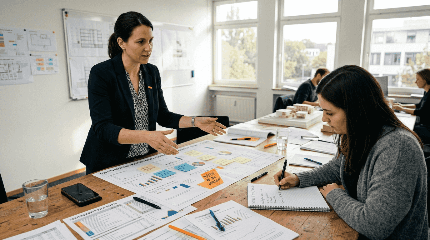 Der Projektleiter erläutert die Kostenaufstellung nach DIN 276.