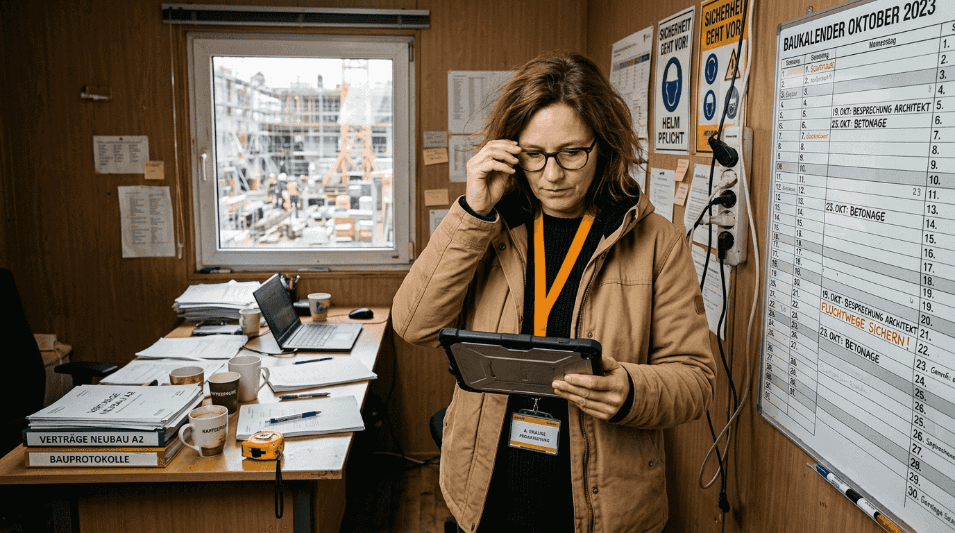 Im Büro sorgt die Projektmanagerin dafür, dass der Bauzeitplan reibungslos abgestimmt wird.