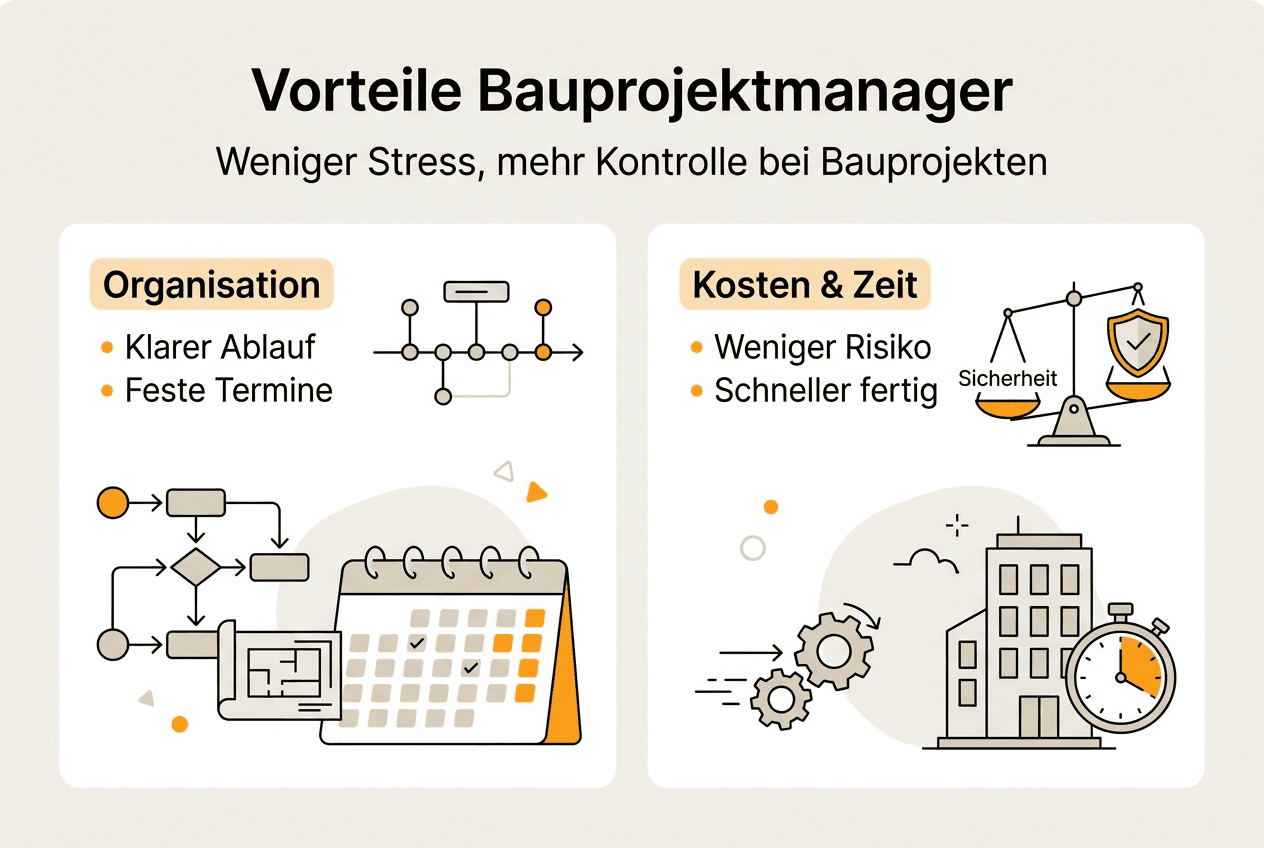 Grafische Übersicht: Die wichtigsten Vorteile eines Bauprojektmanagers auf einen Blick