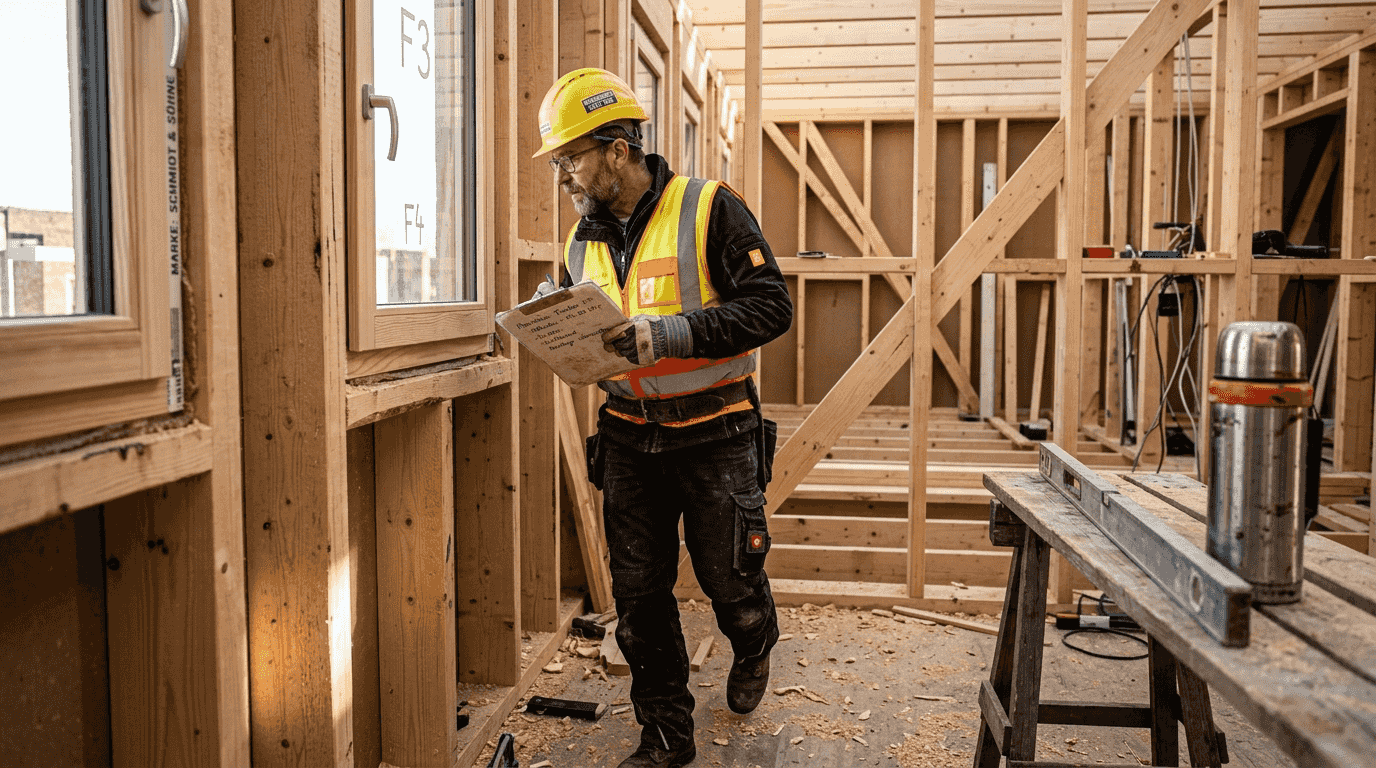 Der Bauleiter nimmt die Fenster auf der Baustelle genau unter die Lupe.