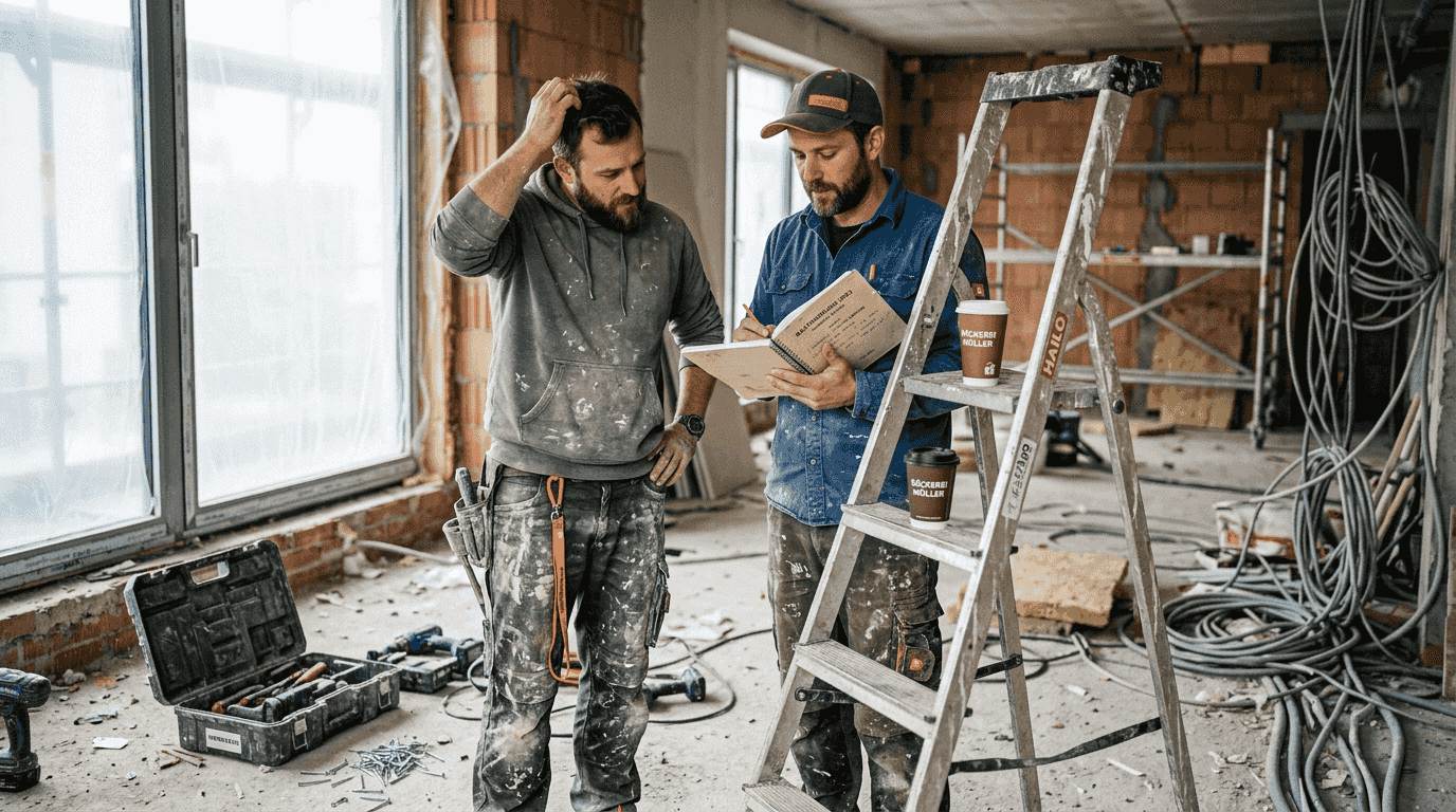 Zwei Handwerker diskutieren gemeinsam über Herausforderungen auf der Baustelle.