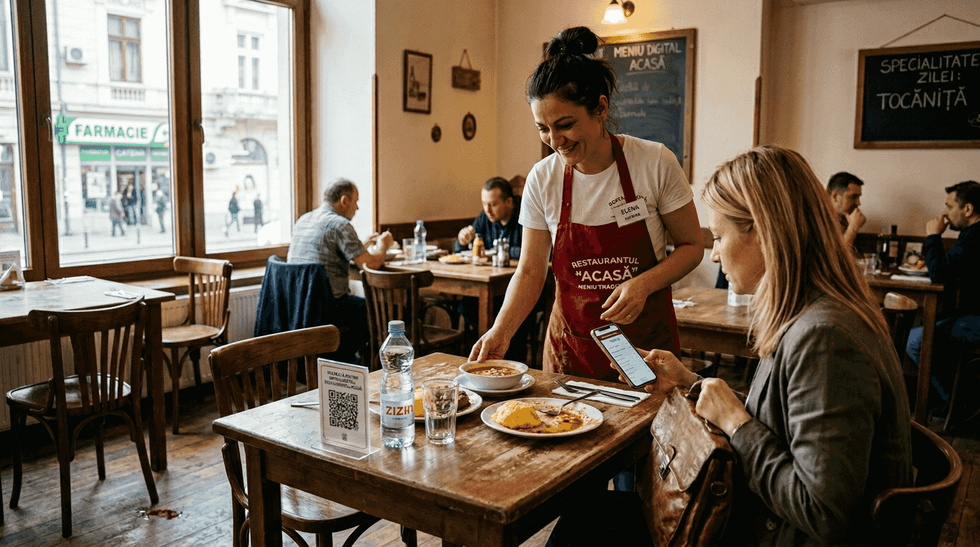 Un client răsfoiește meniul pe telefon, scanând codul QR de pe masă, într-un restaurant.