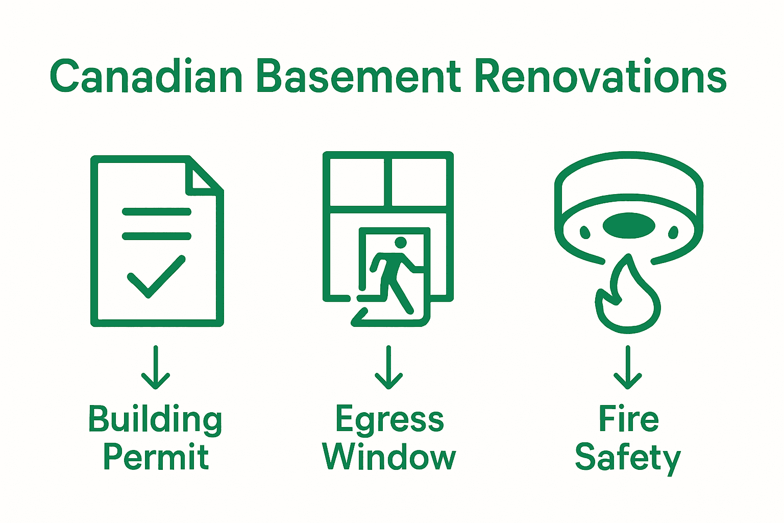 Infographic showing Canadian basement safety code requirements: permit, egress, fire safety.