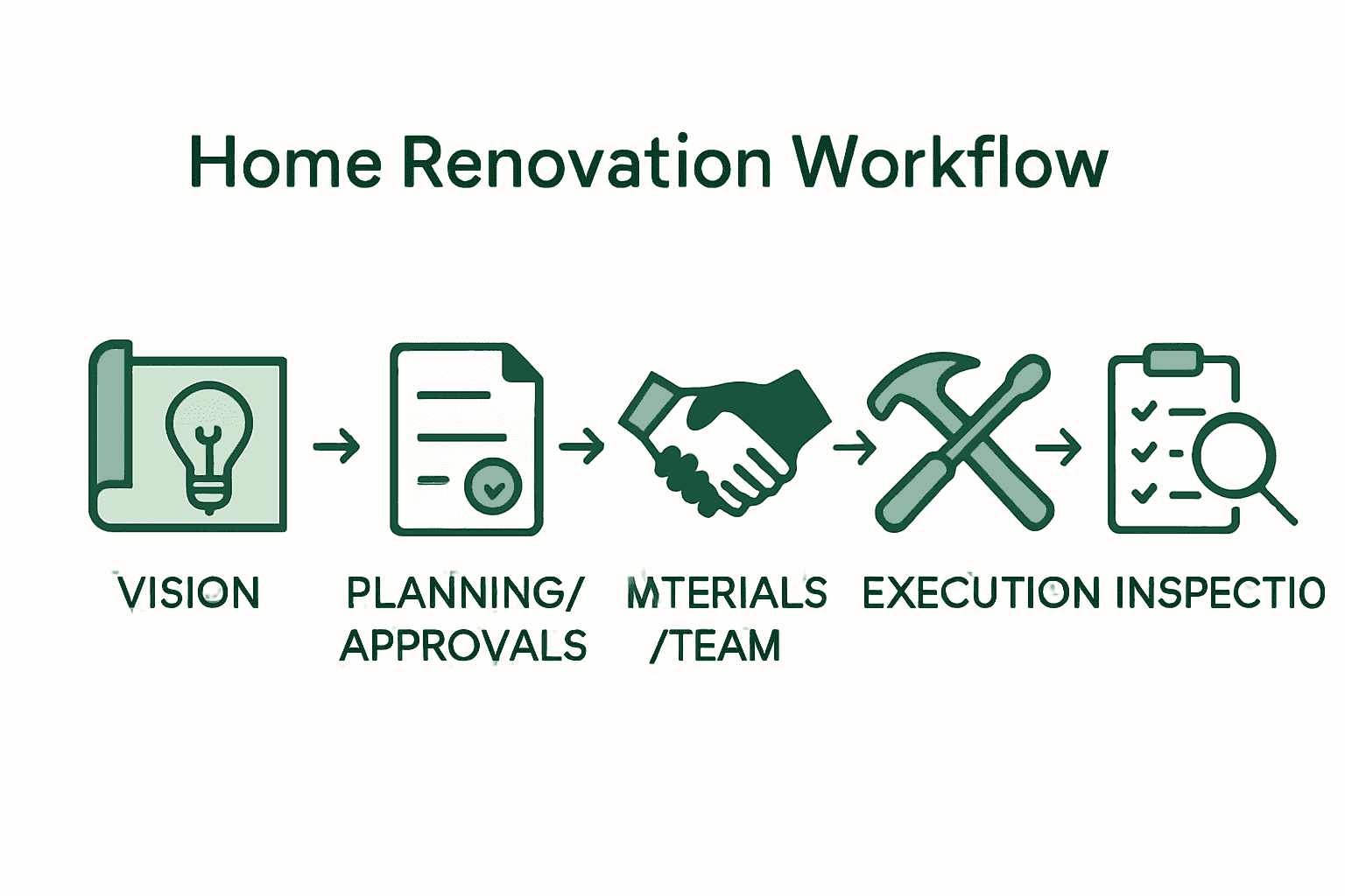 Infographic showing five-step custom renovation workflow with icons