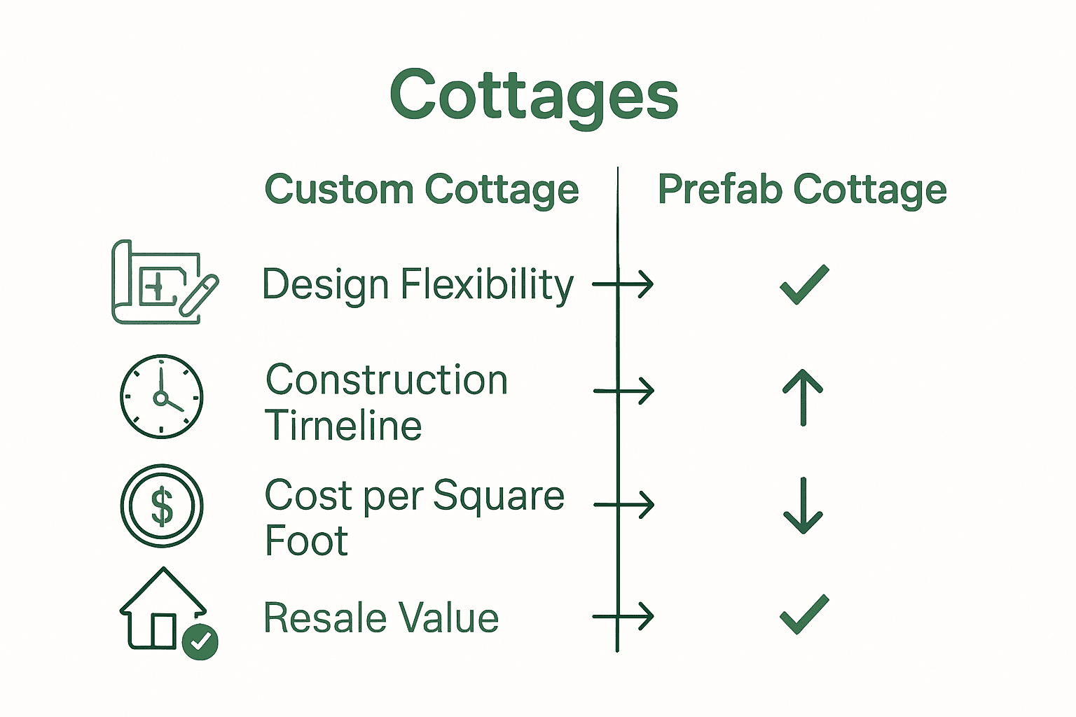 Comparison infographic of custom vs prefab cottage features.