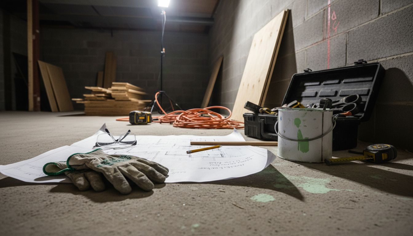 Contractor planning basement renovation with tools