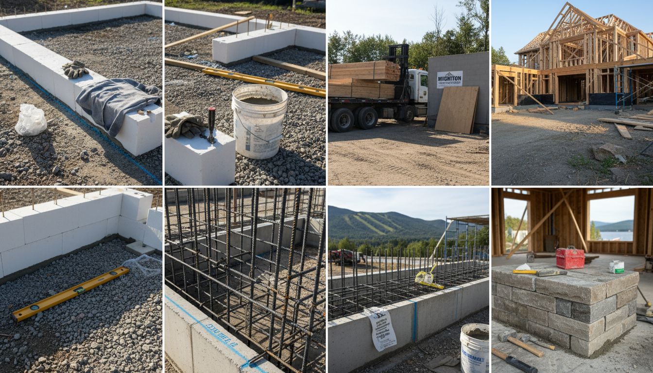 Contractor aligning ICF blocks on footings
