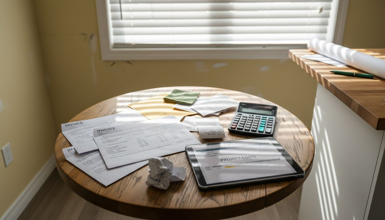 Woman reviewing renovation budget at kitchen table