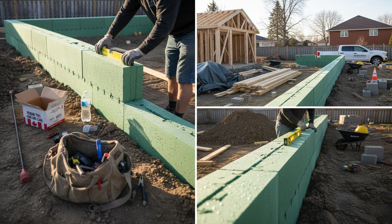 Workers assembling ICF block system outdoors