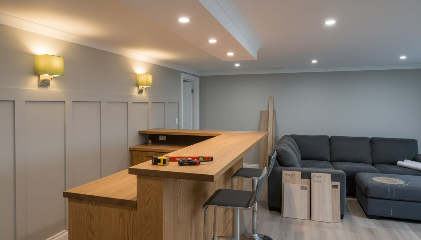 Contractor installing finishes in bright basement