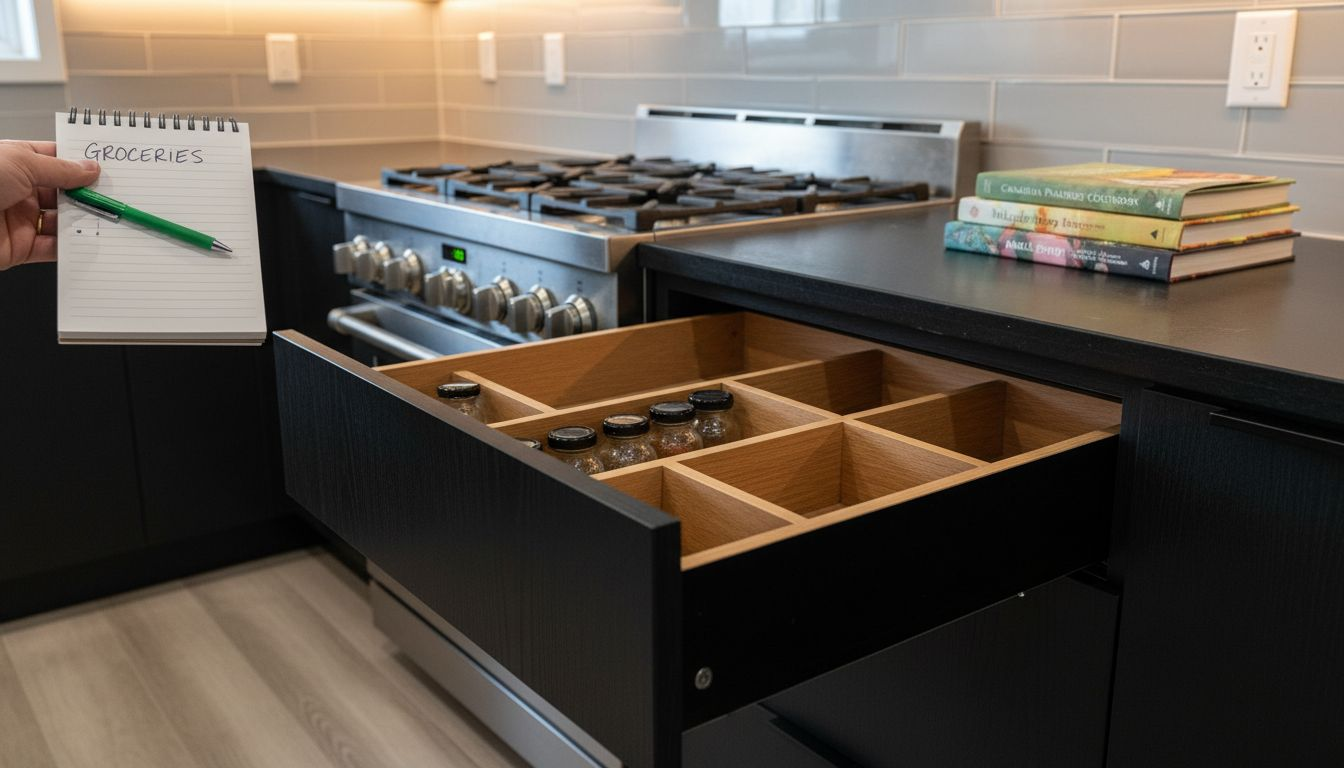 Homeowner exploring custom kitchen storage drawer