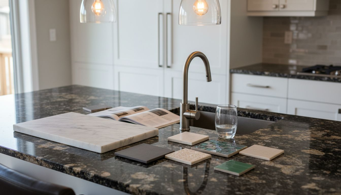Homeowners reviewing luxury bathroom material samples