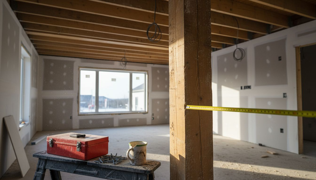Builder measuring post and beam interior