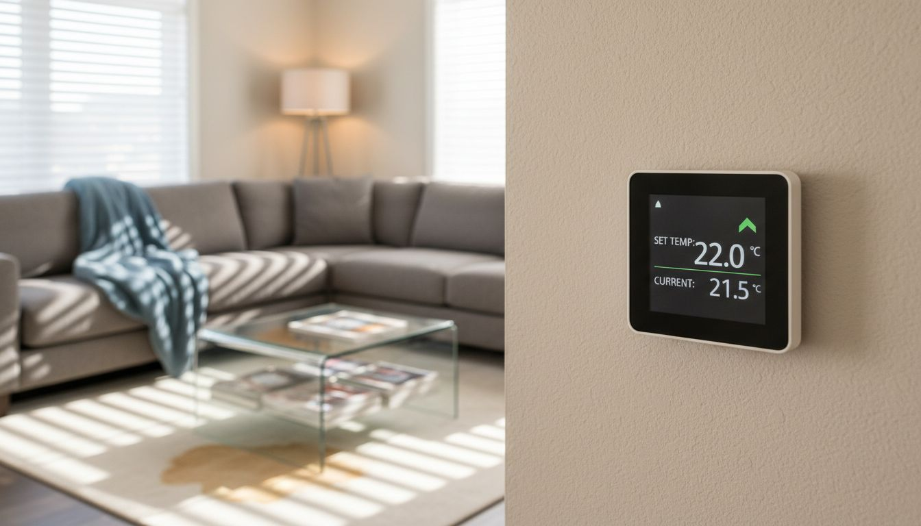 Smart thermostat in tidy but lived-in living room