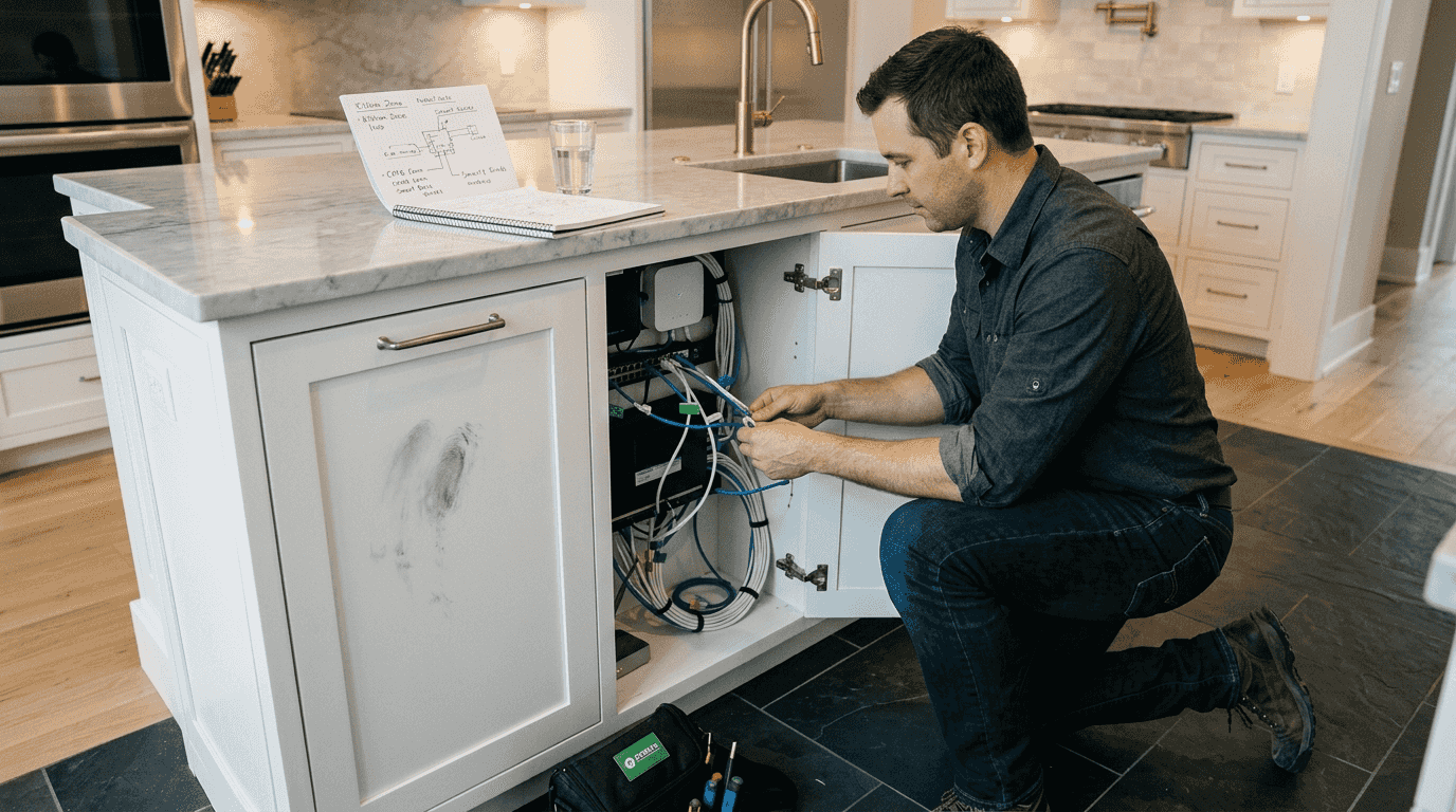 Installer organizing smart systems in luxury kitchen