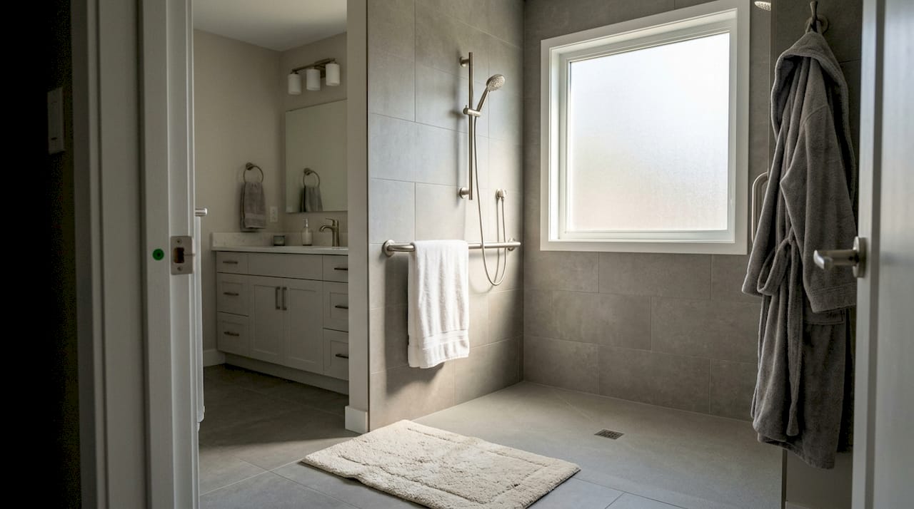 Person adjusts height of shower in accessible bathroom