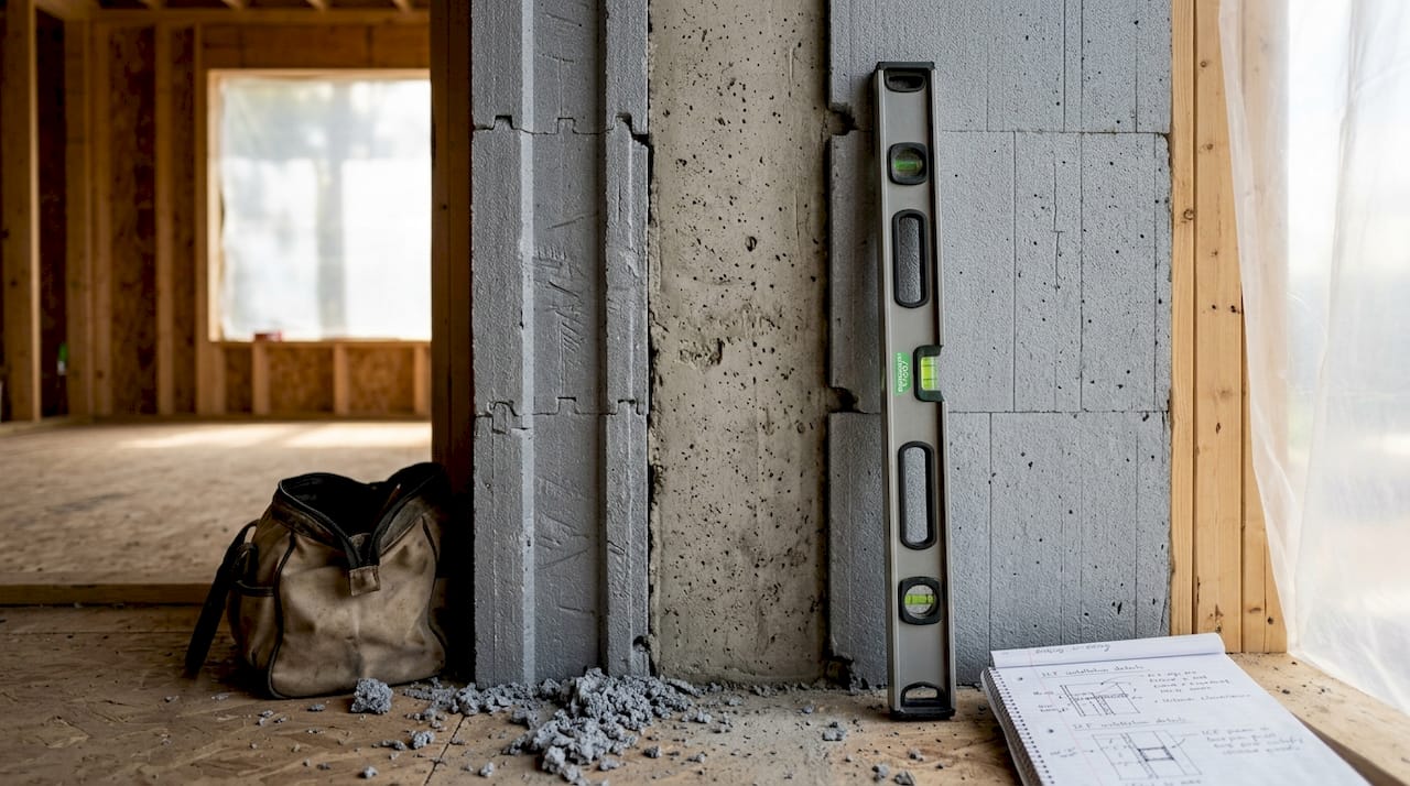 Builder checking interior ICF wall insulation