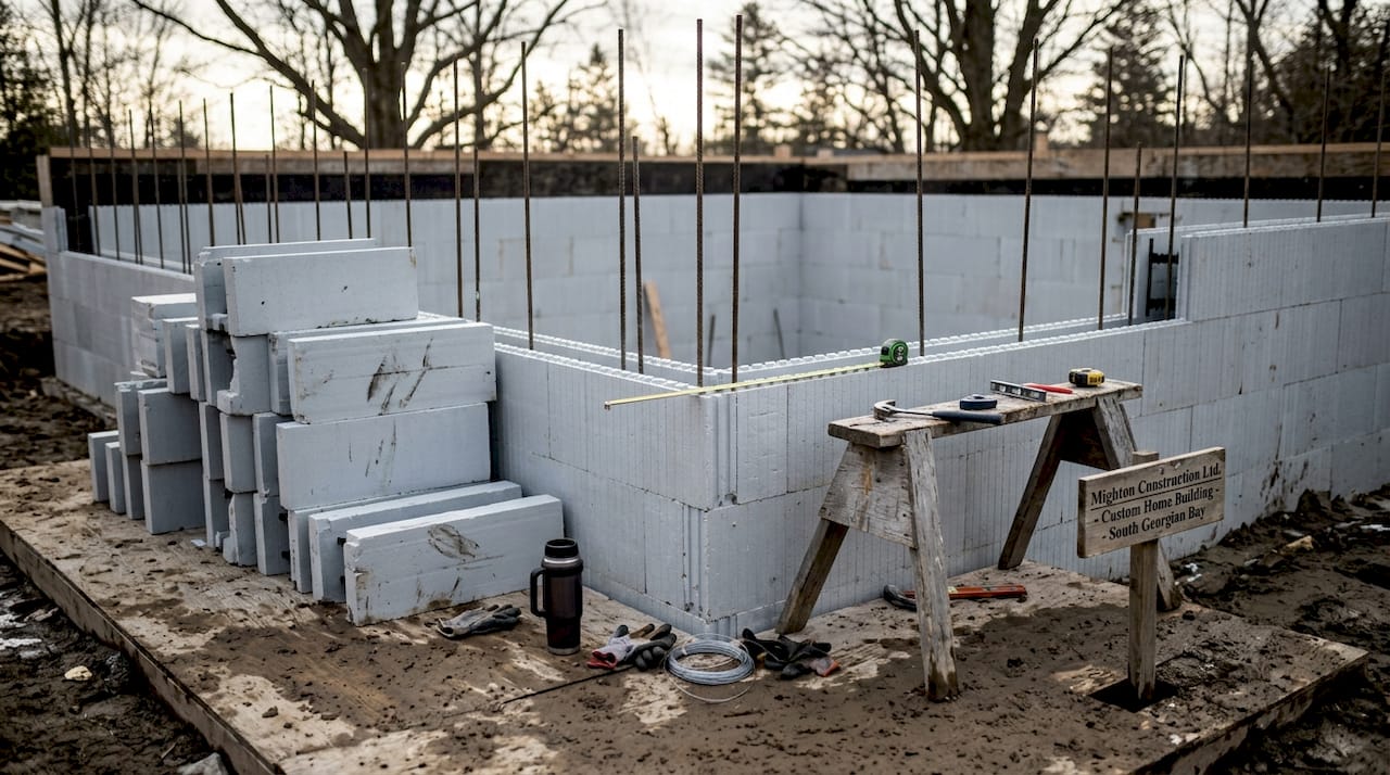 Workers building insulated concrete form foundation