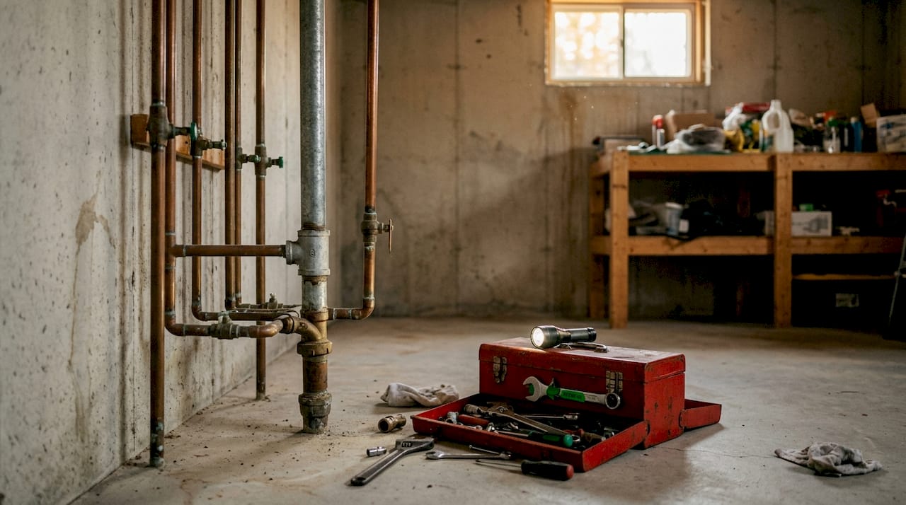 Contractor inspecting basement for potential risks