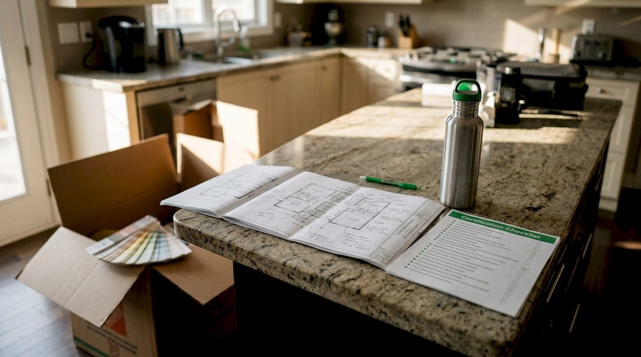 Contractor reviews sustainable home plans at island