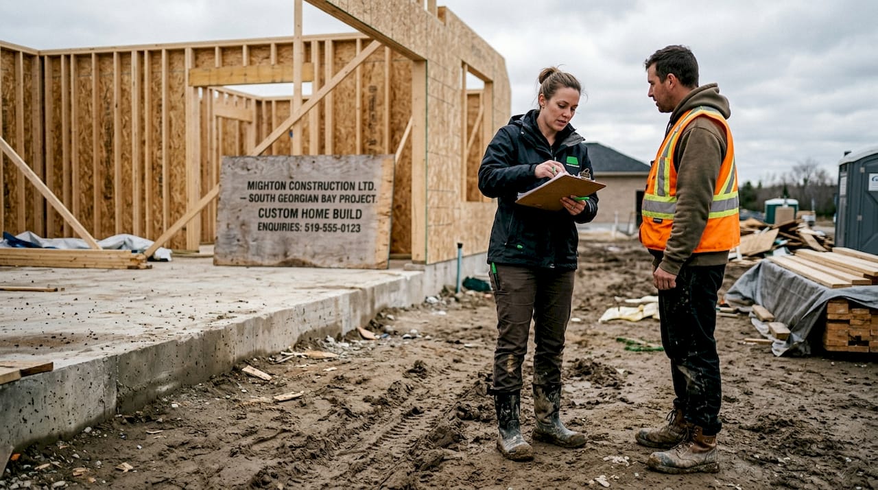 Project manager and contractor at muddy building site