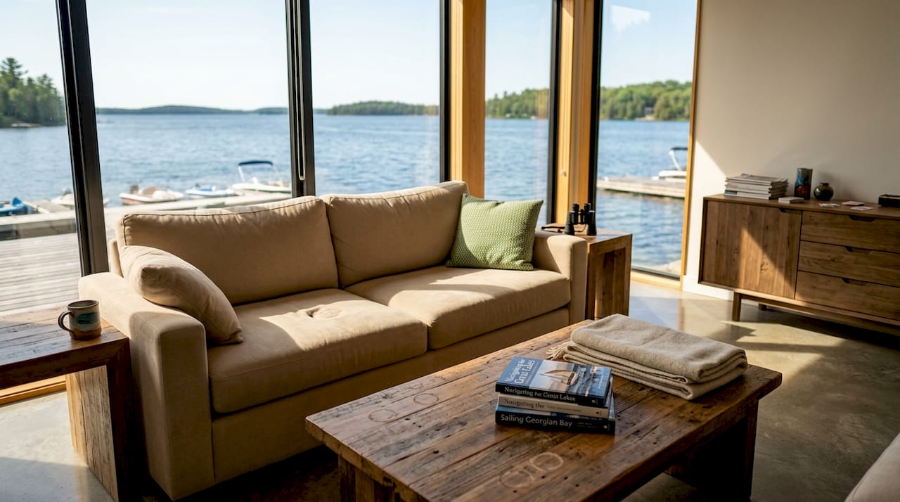 Luxury boathouse lounge with lake view