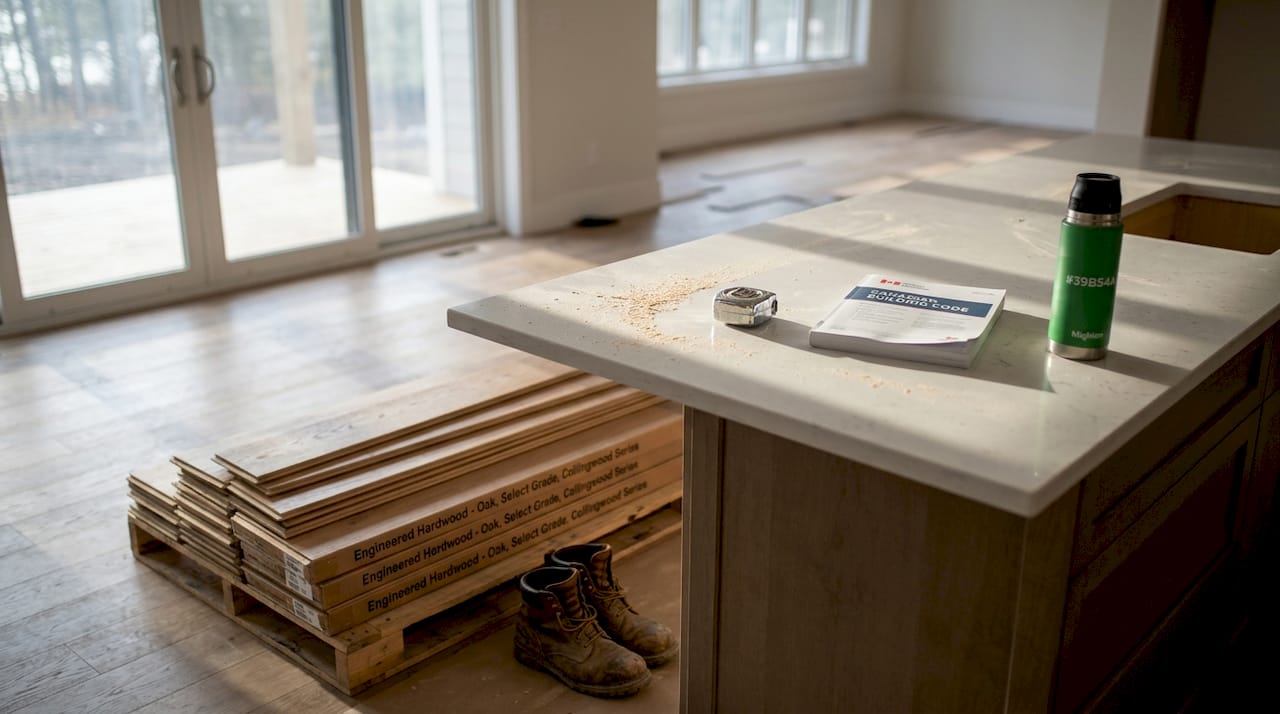 Contractor checks luxury flooring materials delivery