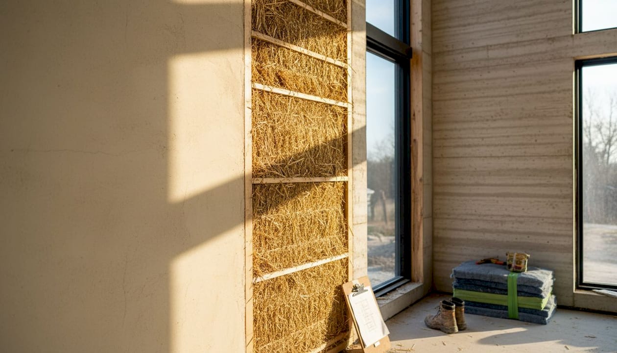 Builders display straw bale and rammed earth walls