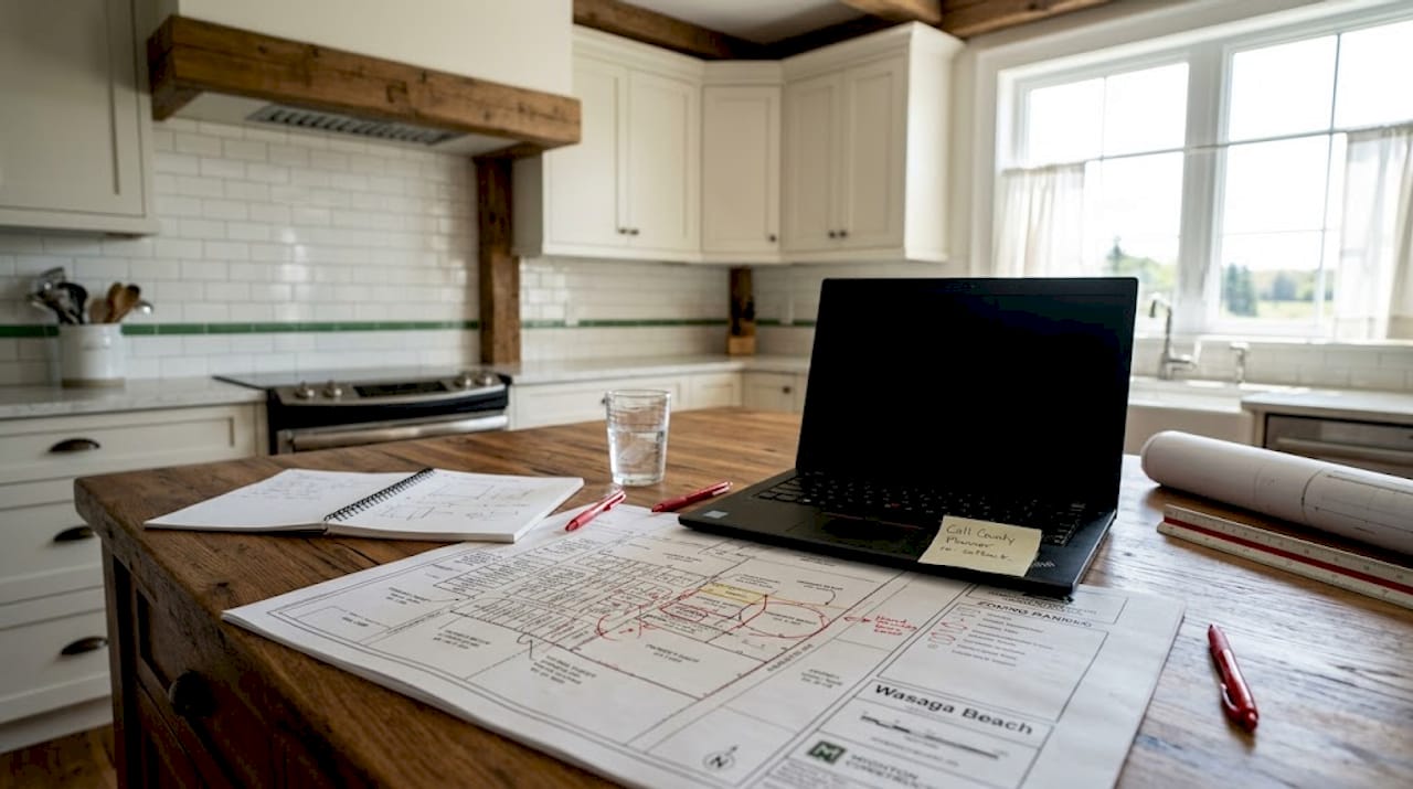 Architect reviewing zoning map at kitchen table