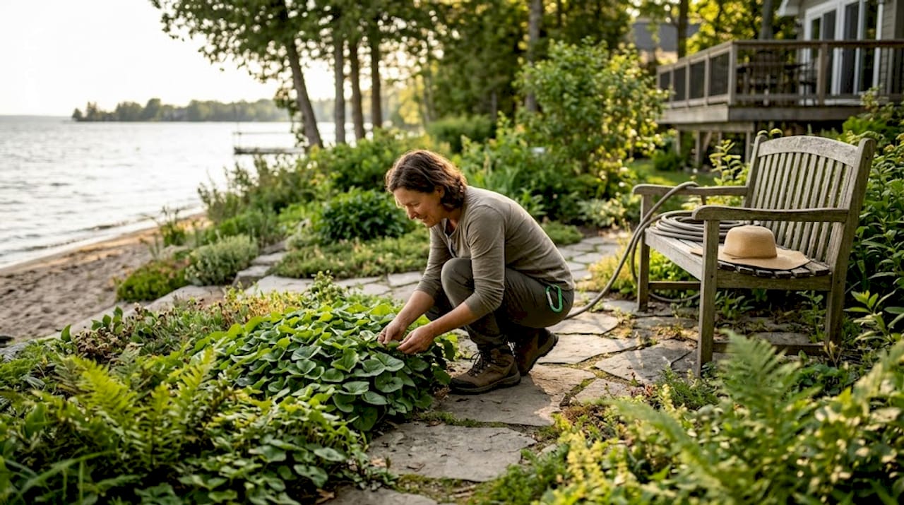 Homeowner examining layered planting by water