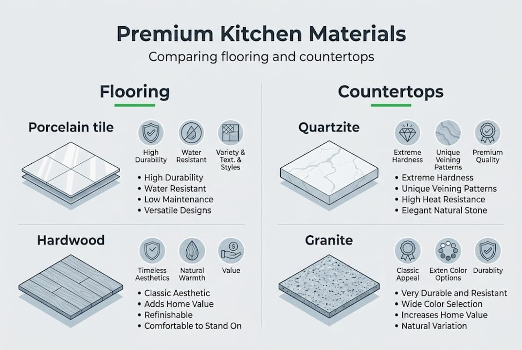 Infographic comparing kitchen flooring and countertops