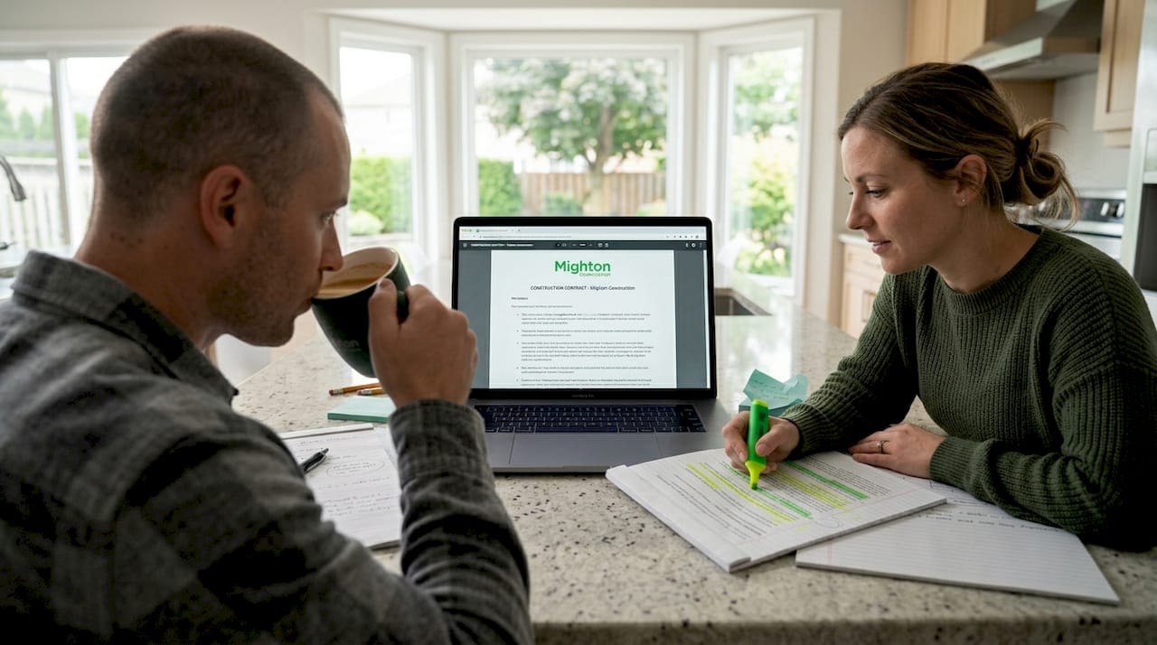 Couple reviewing construction contract at kitchen island
