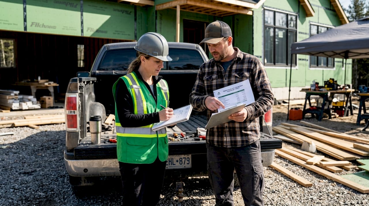 Supervisors checking construction budget at job site