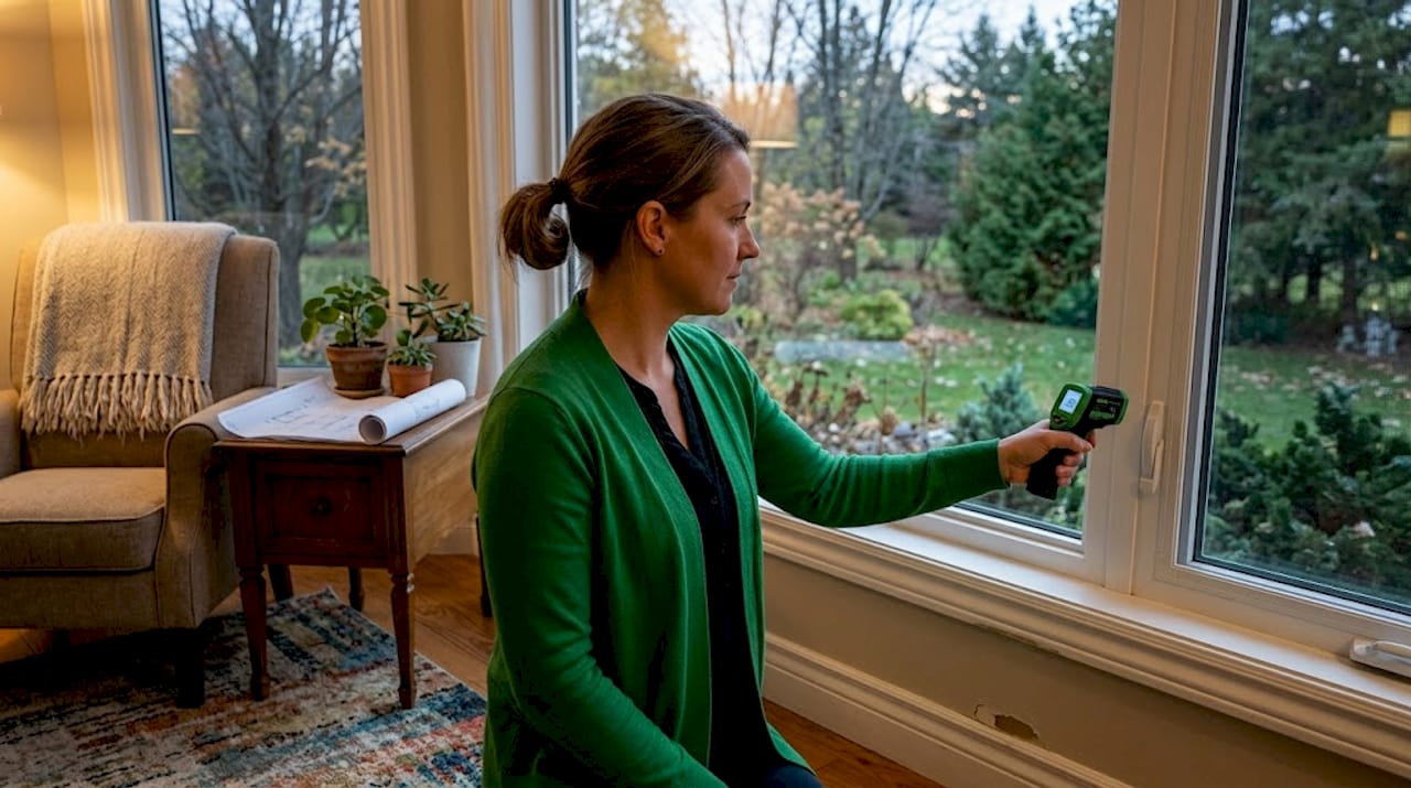 Homeowner uses thermometer near window frame